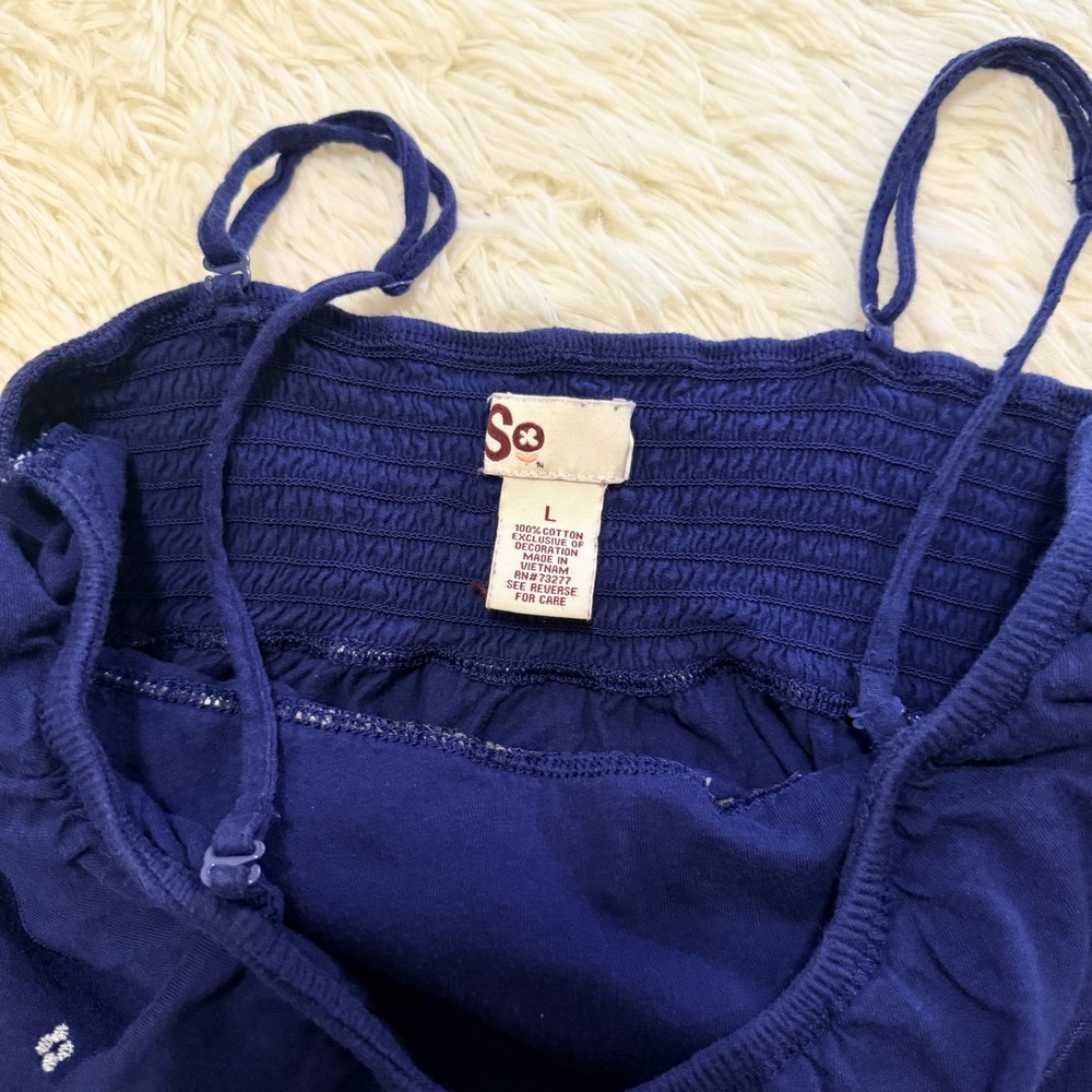SO Women Navy Blue Embroidered Babydoll Cami Top Boho Ruffle Tank Size L Medium - Picture 2 of 3